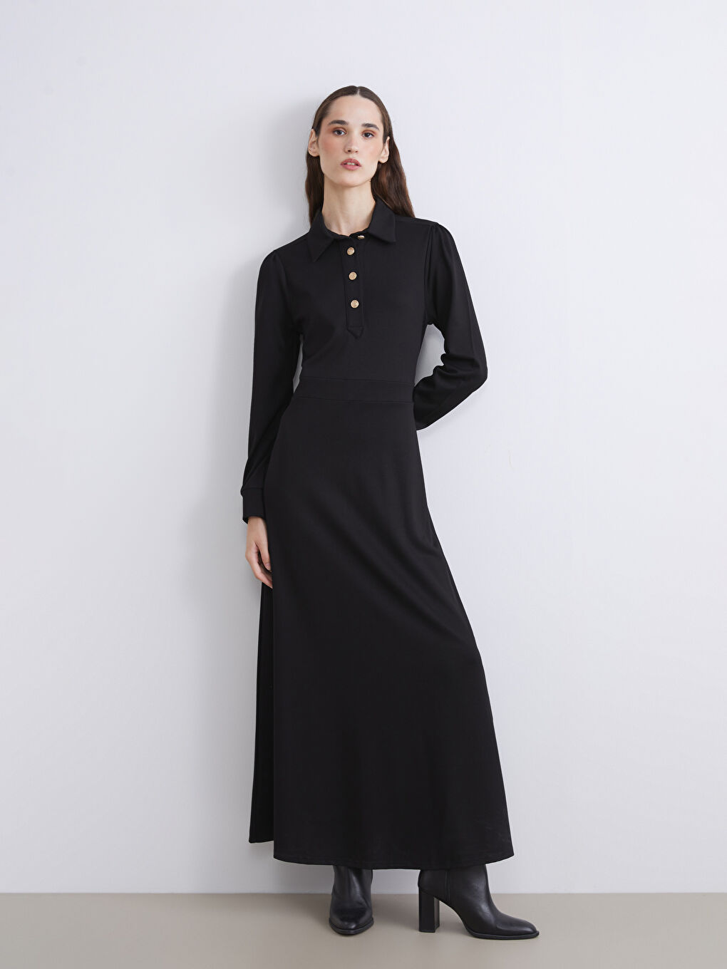 Siyah Gömlek Yaka Belden Oturtmalı Elbise