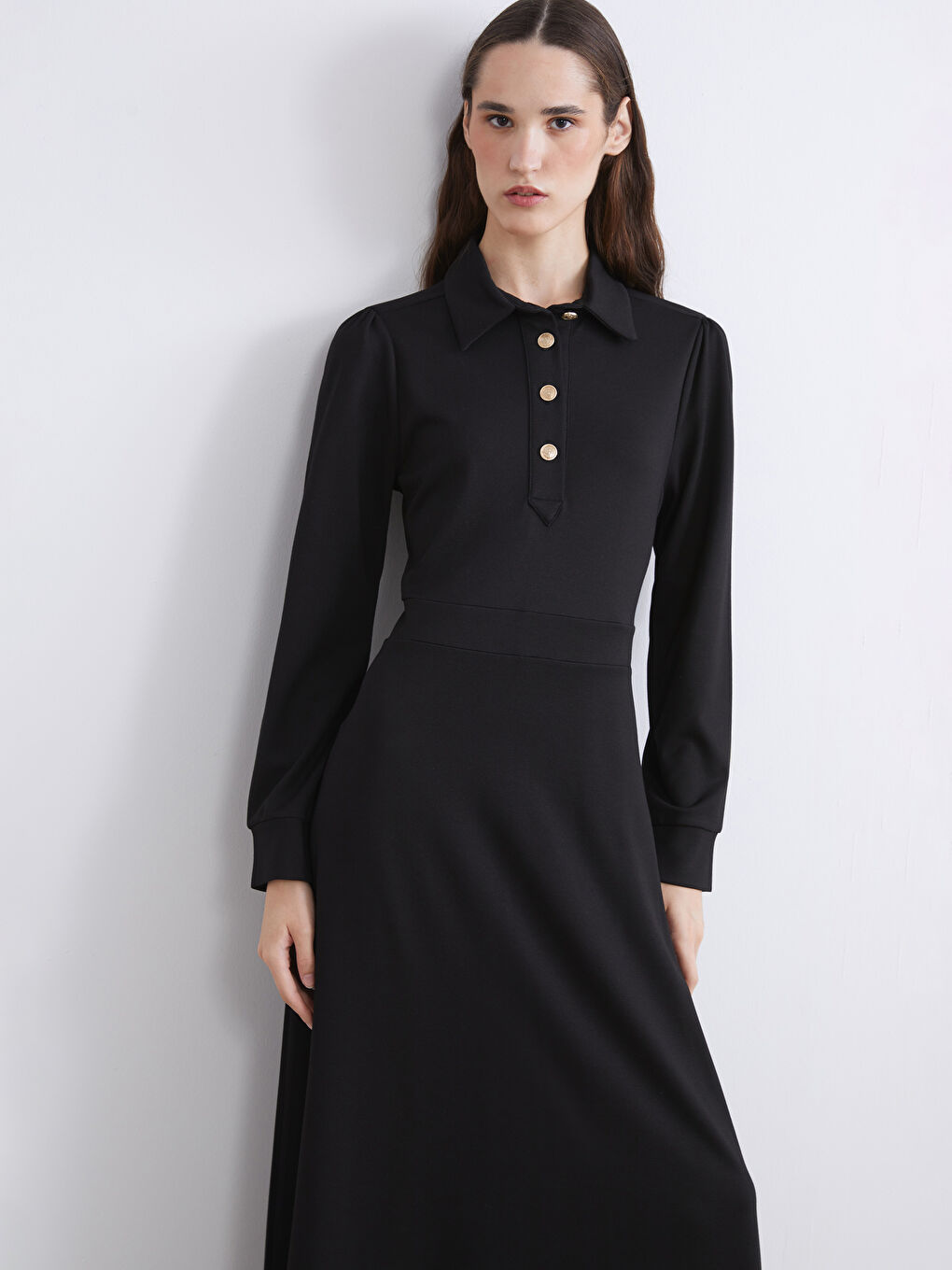 Siyah Gömlek Yaka Belden Oturtmalı Elbise-1