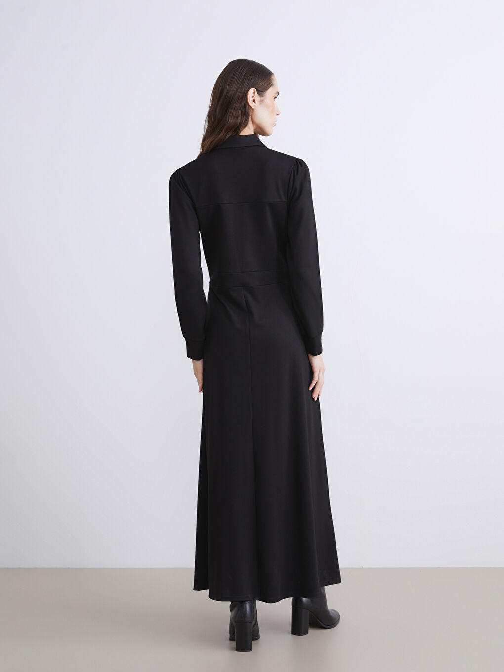 Siyah Gömlek Yaka Belden Oturtmalı Elbise-3