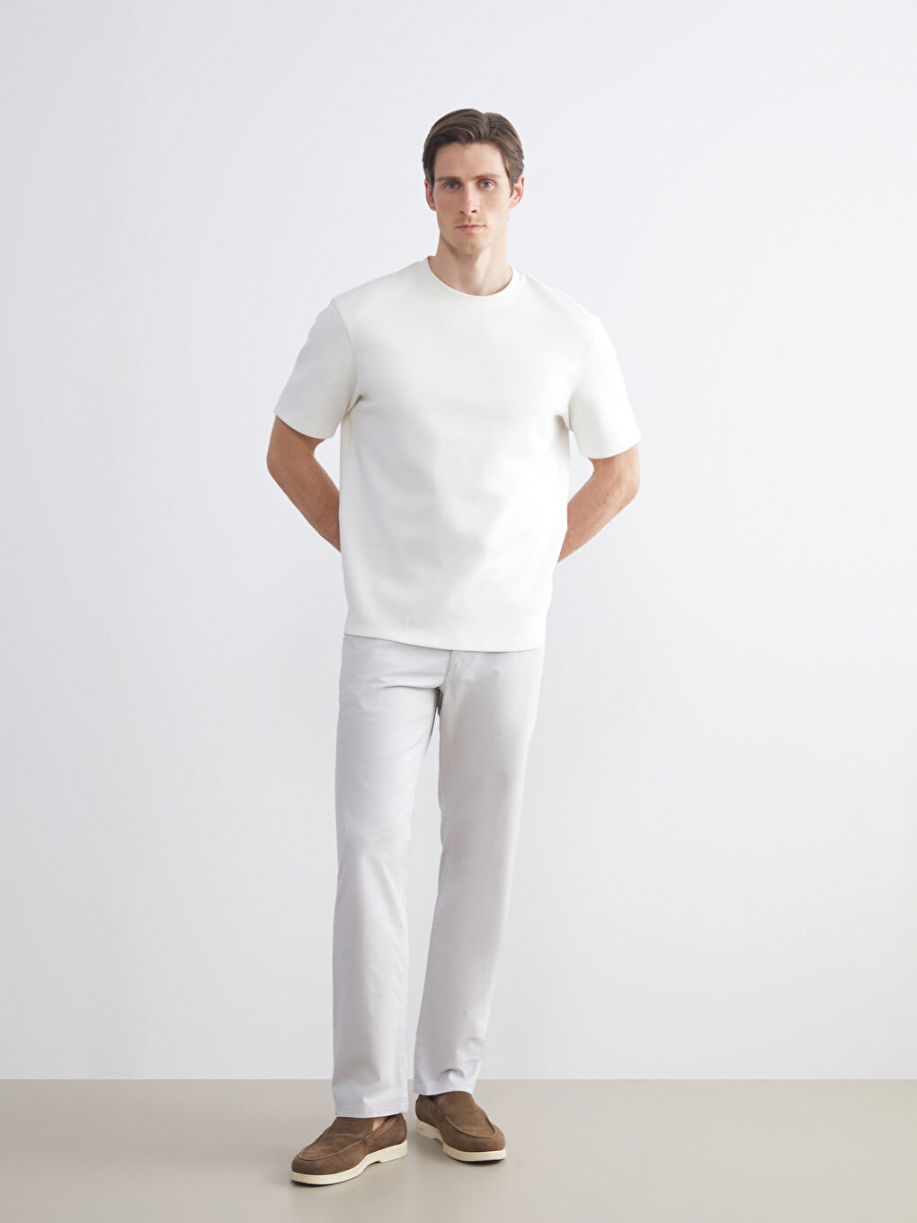 Ekru Standart Kalıp Gabardin Erkek Chino Pantolon