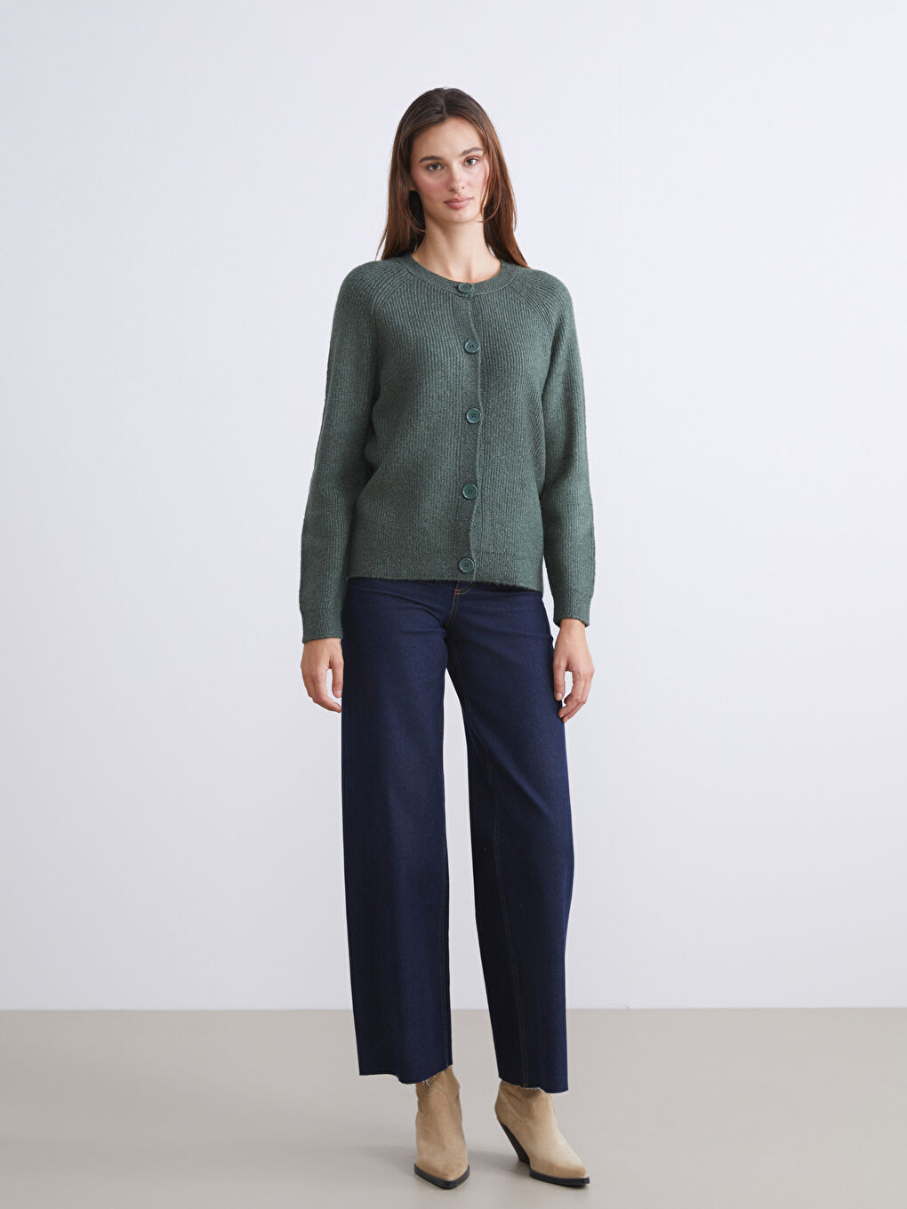 Yeşil Bisiklet Yaka Kadın Triko Hırka-1