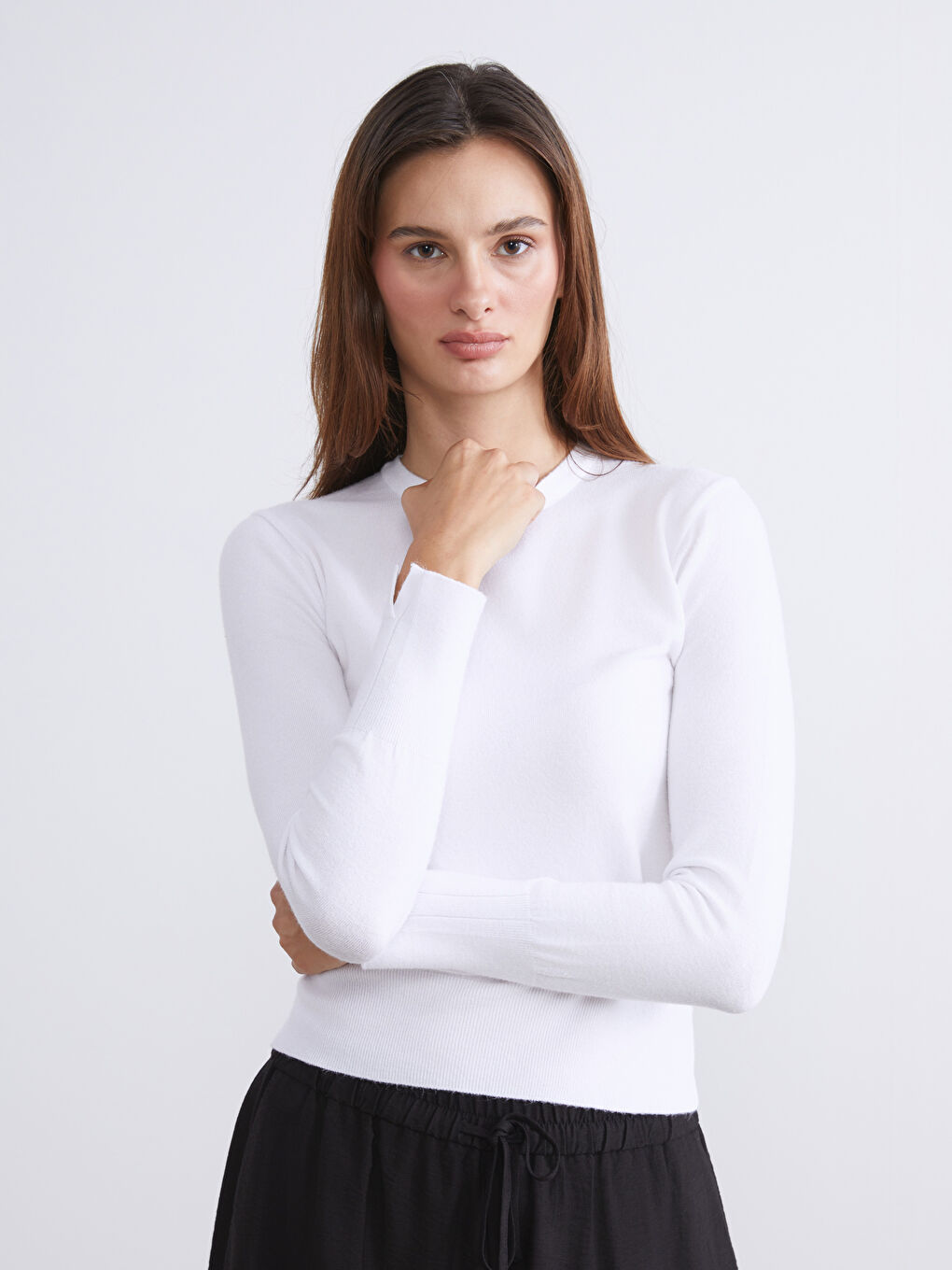 Ekru Bisiklet Yaka Kadın Triko Kazak