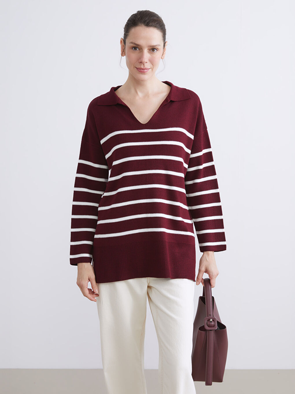 Polo Collar Striped Oversize Women's Knitwear Sweater