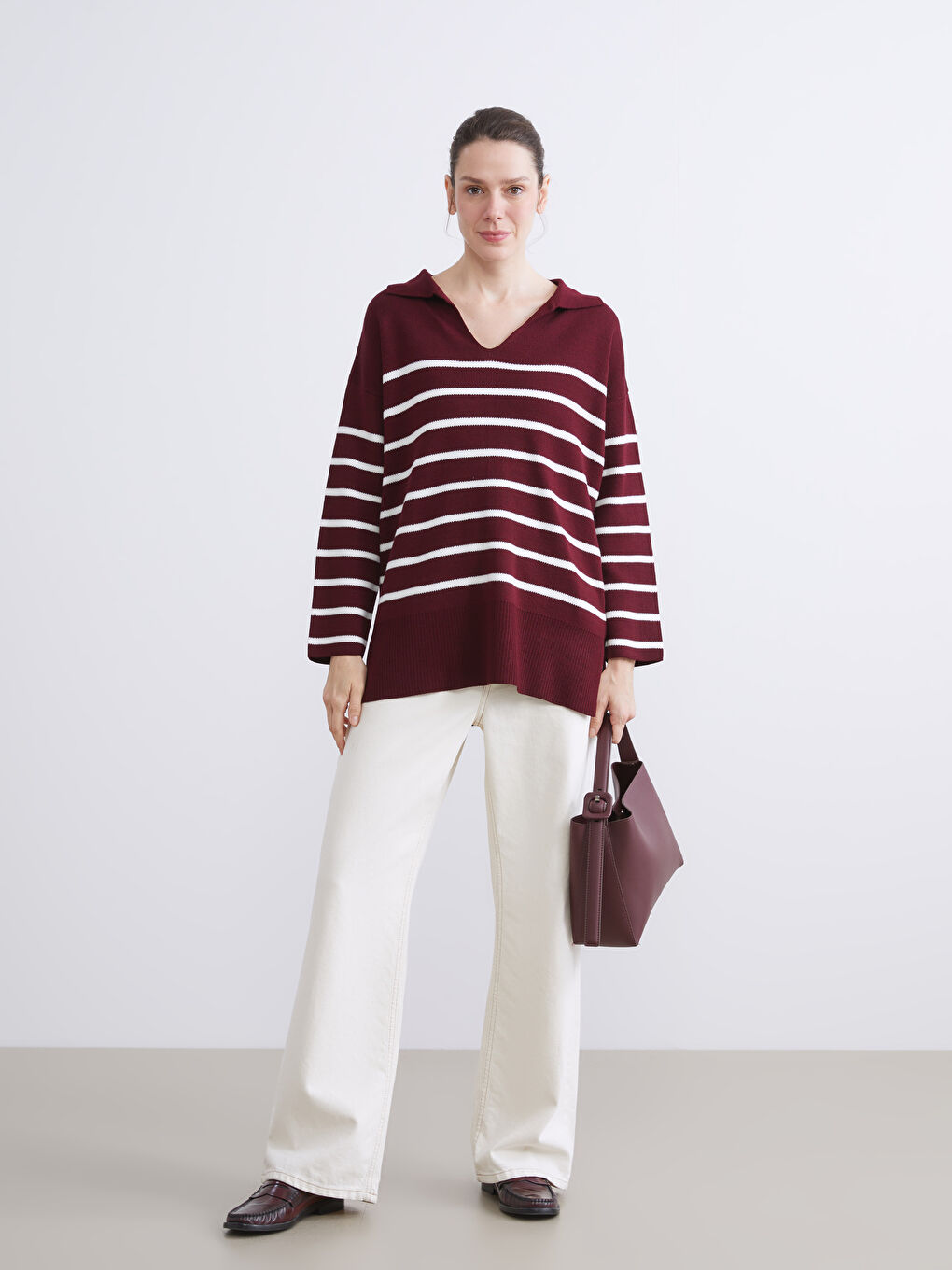 Polo Collar Striped Oversize Women's Knitwear Sweater-1