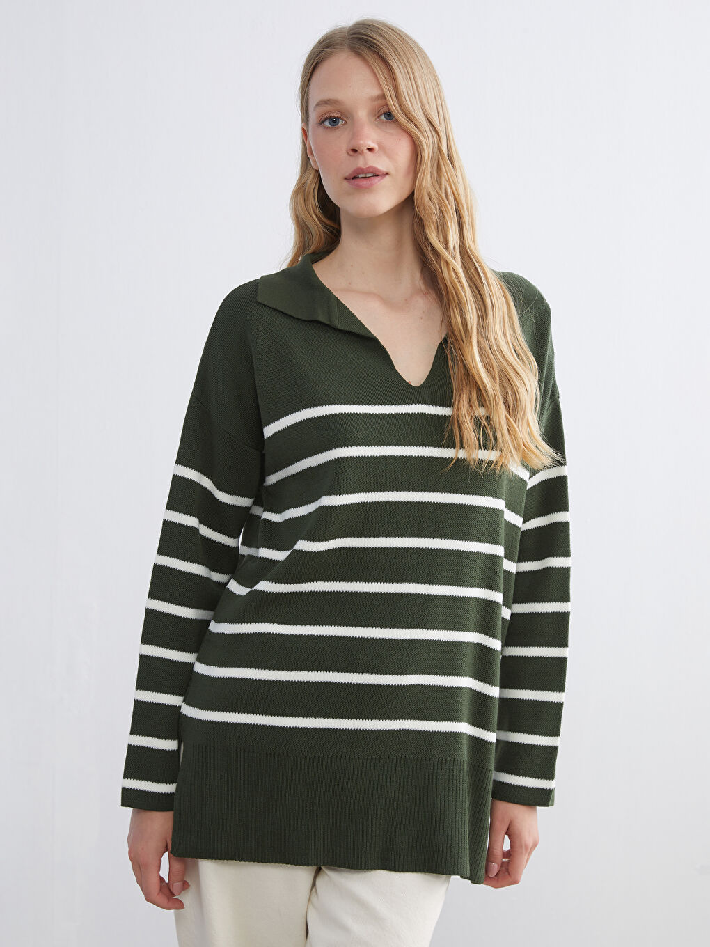 Polo Collar Striped Oversize Women's Knitwear Sweater