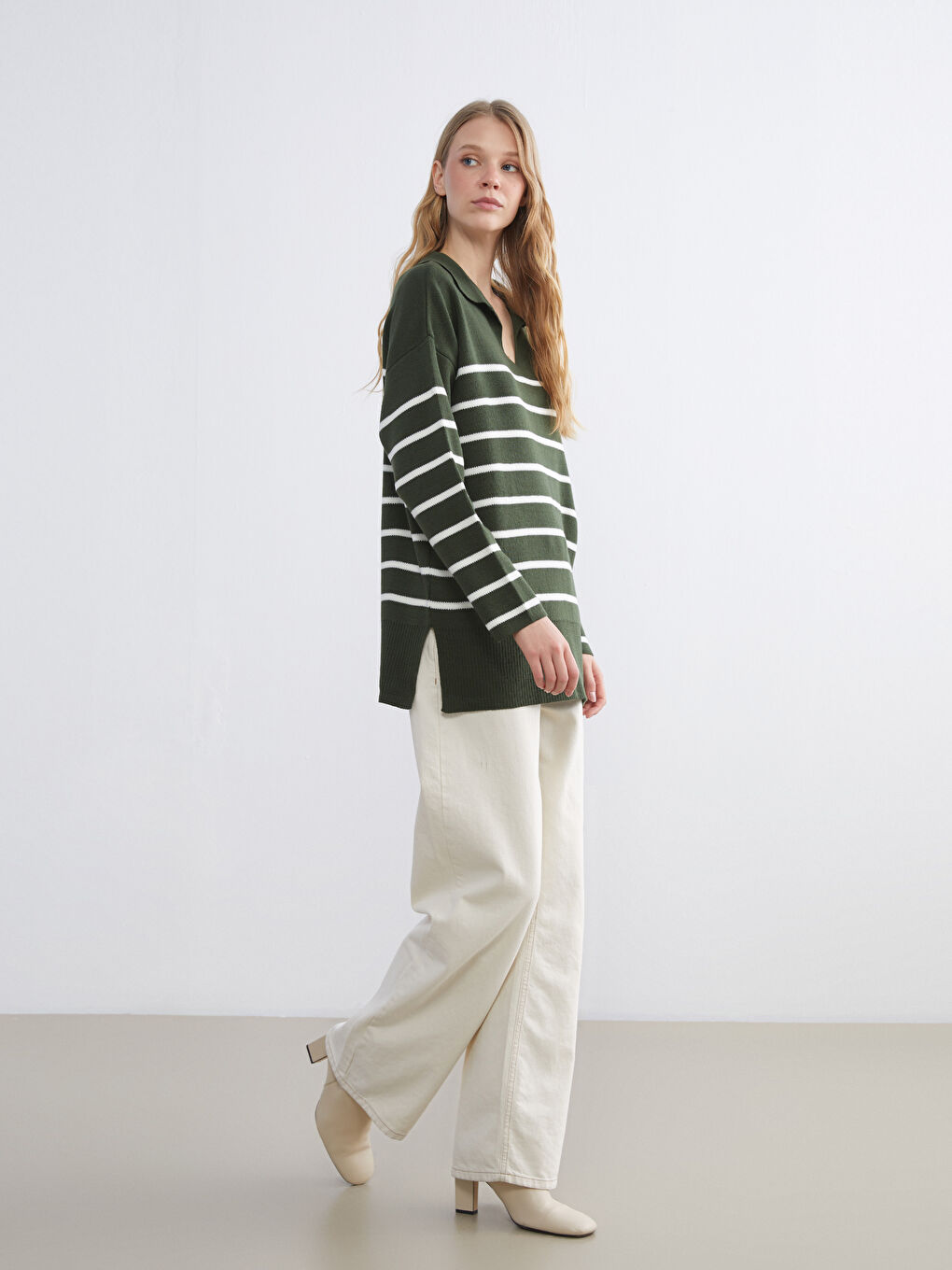 Polo Collar Striped Oversize Women's Knitwear Sweater-1