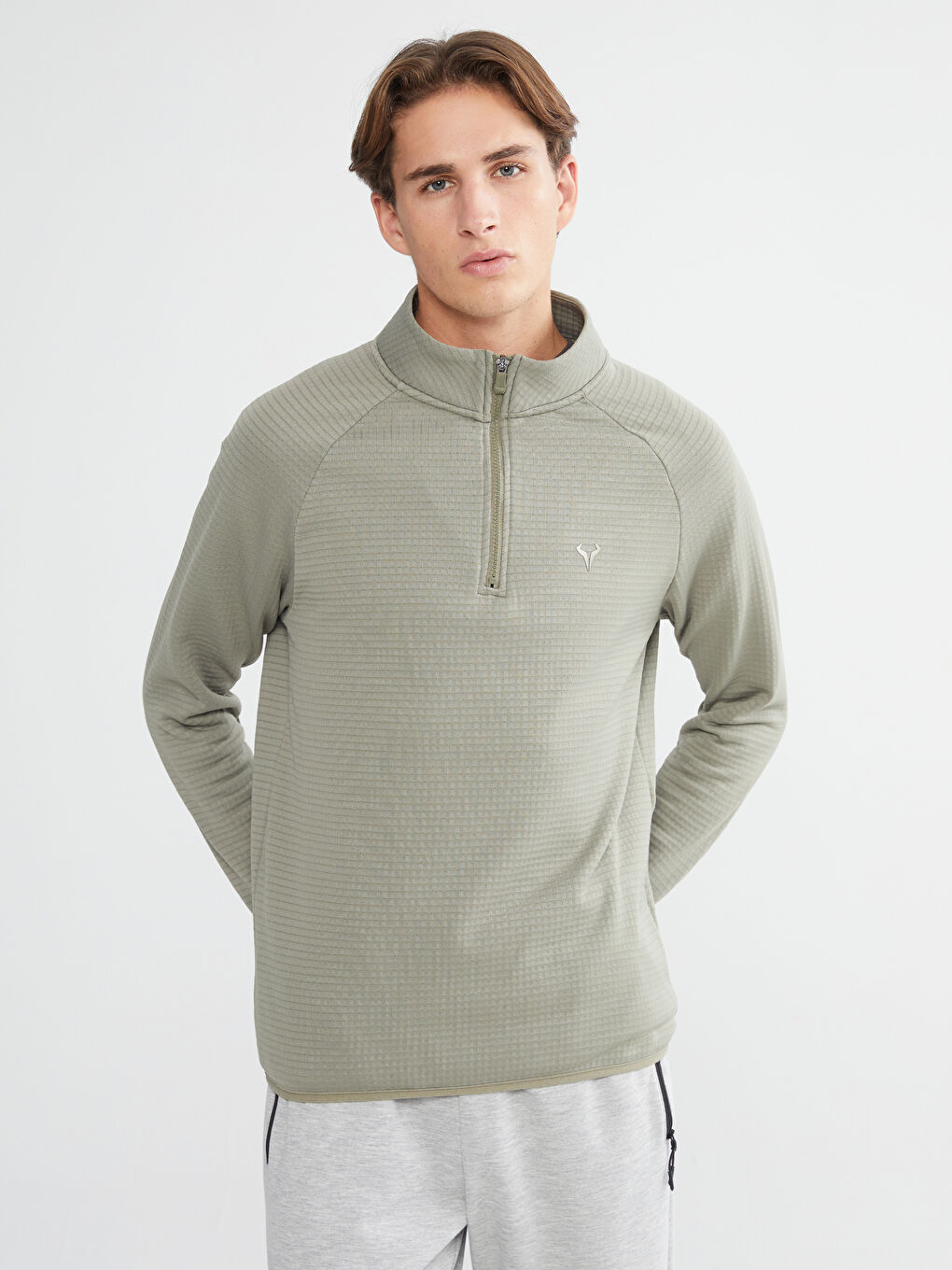 Haki Dik Yaka Erkek Sweatshirt