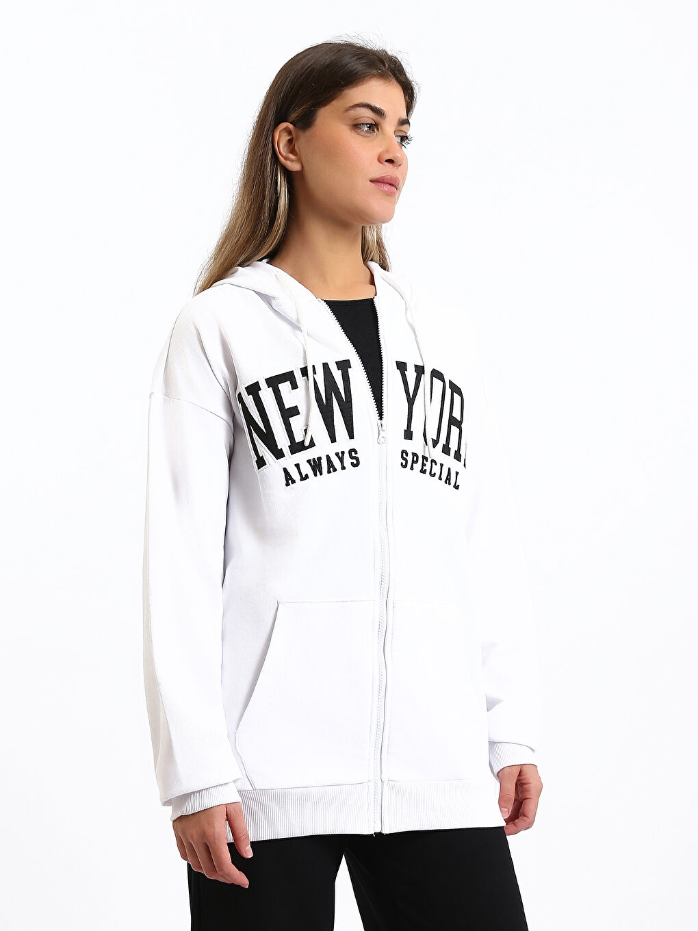 Hooded Printed Women's Thick Zip-Up Sweatshirt-3