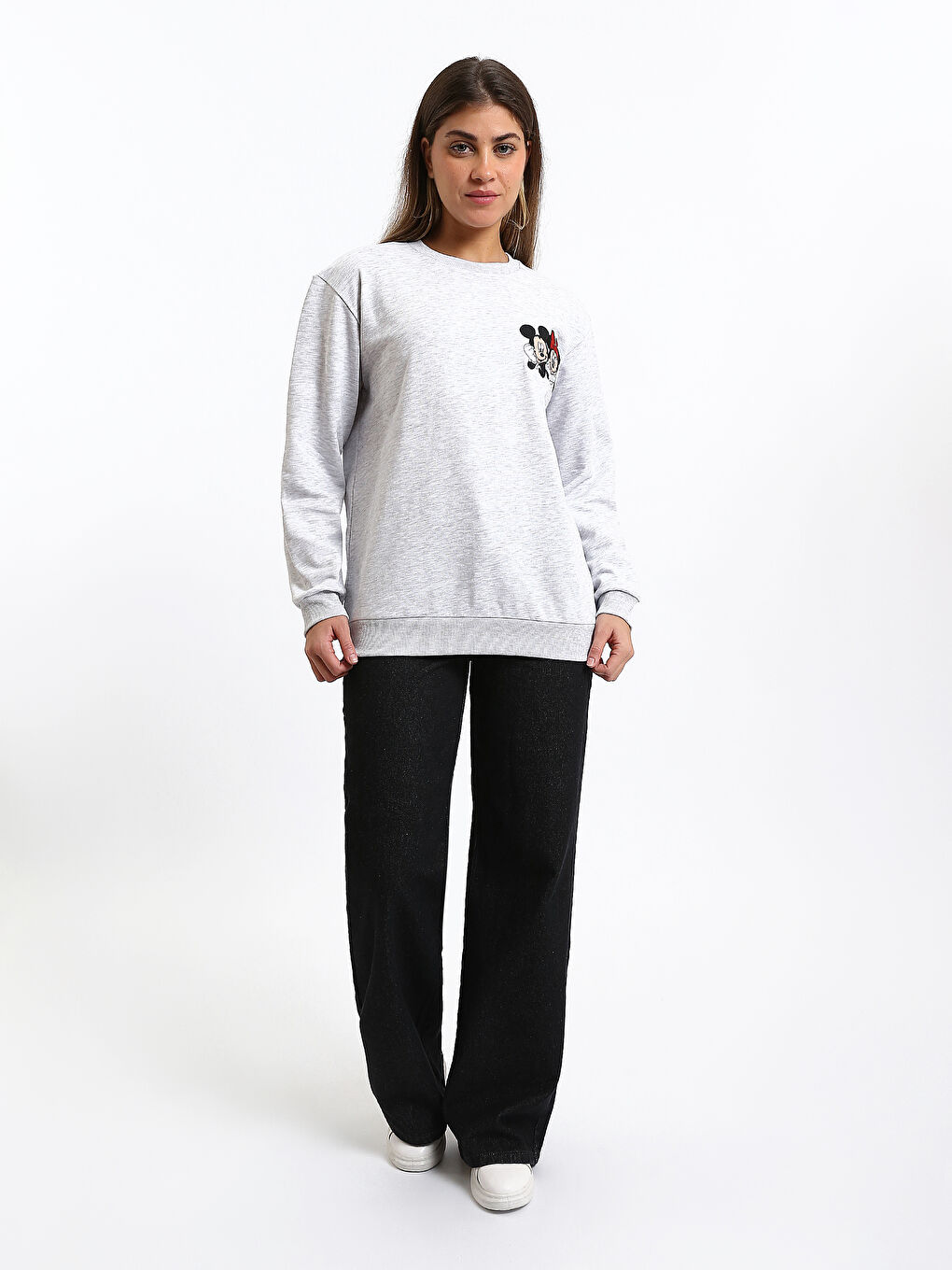 Crew Neck Mickey and Minnie Mouse Printed Oversize Women's Sweatshirt-2
