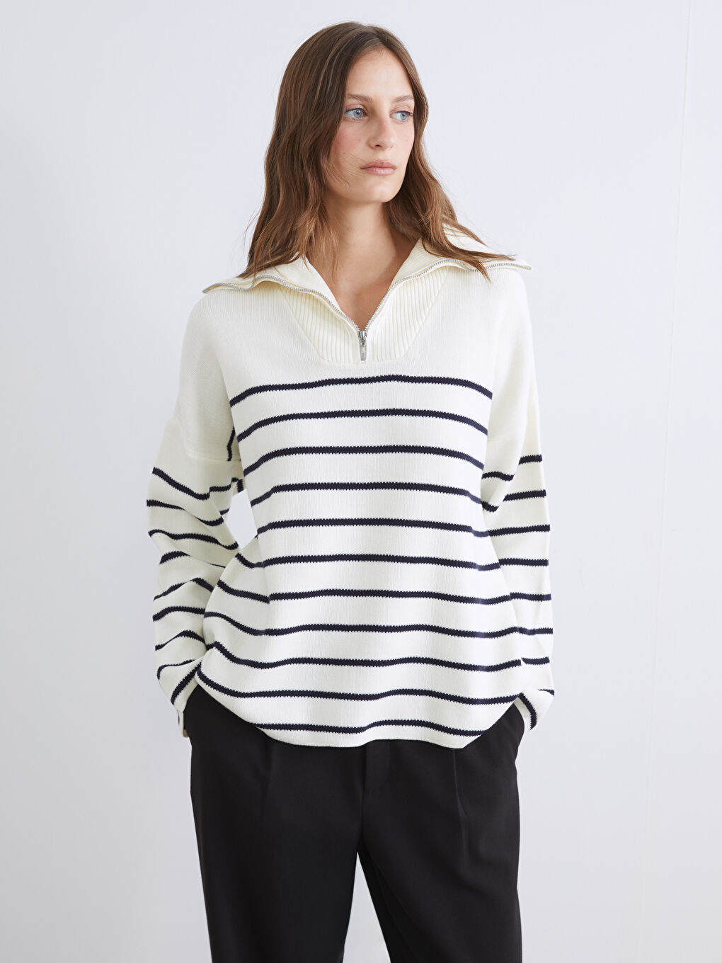 Polo Collar Striped Oversize Women's Knitwear Sweater