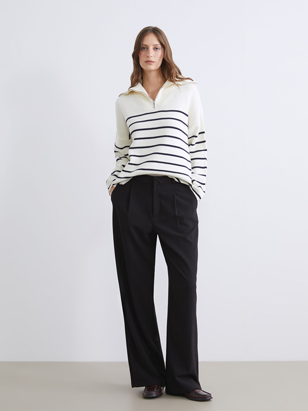 Polo Collar Striped Oversize Women's Knitwear Sweater-1