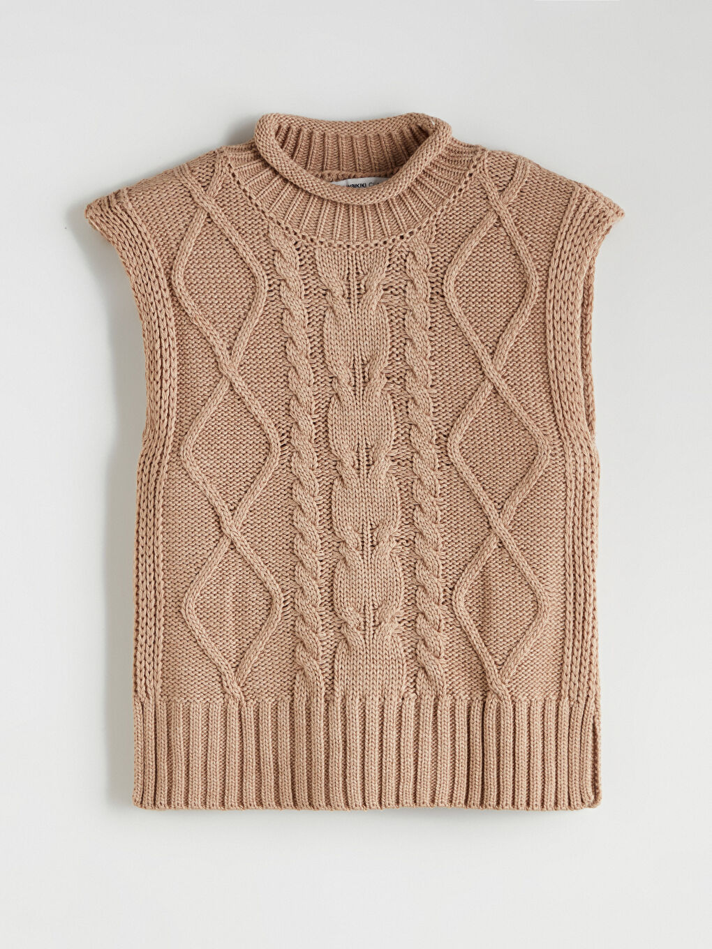 Kahverengi Dik Yaka Kendinden Desenli Kadın Triko Süveter-4