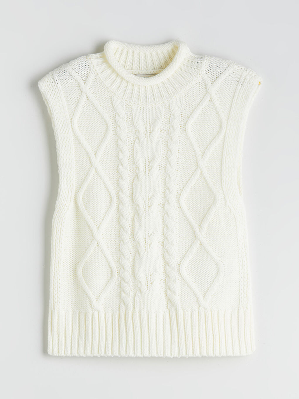 Ekru Dik Yaka Kendinden Desenli Kadın Triko Süveter-4