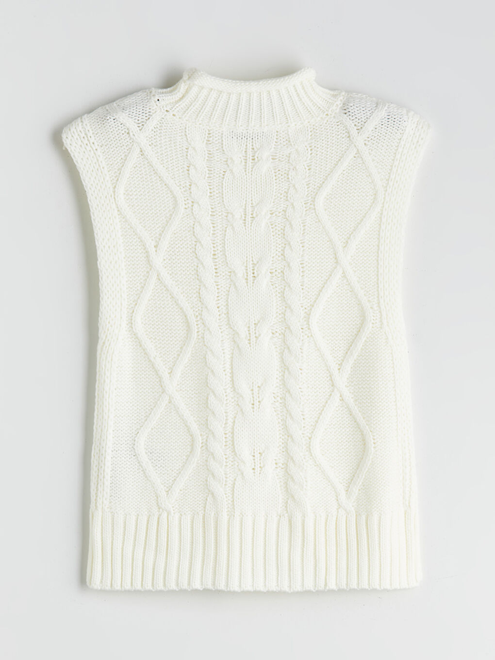 Ekru Dik Yaka Kendinden Desenli Kadın Triko Süveter-5