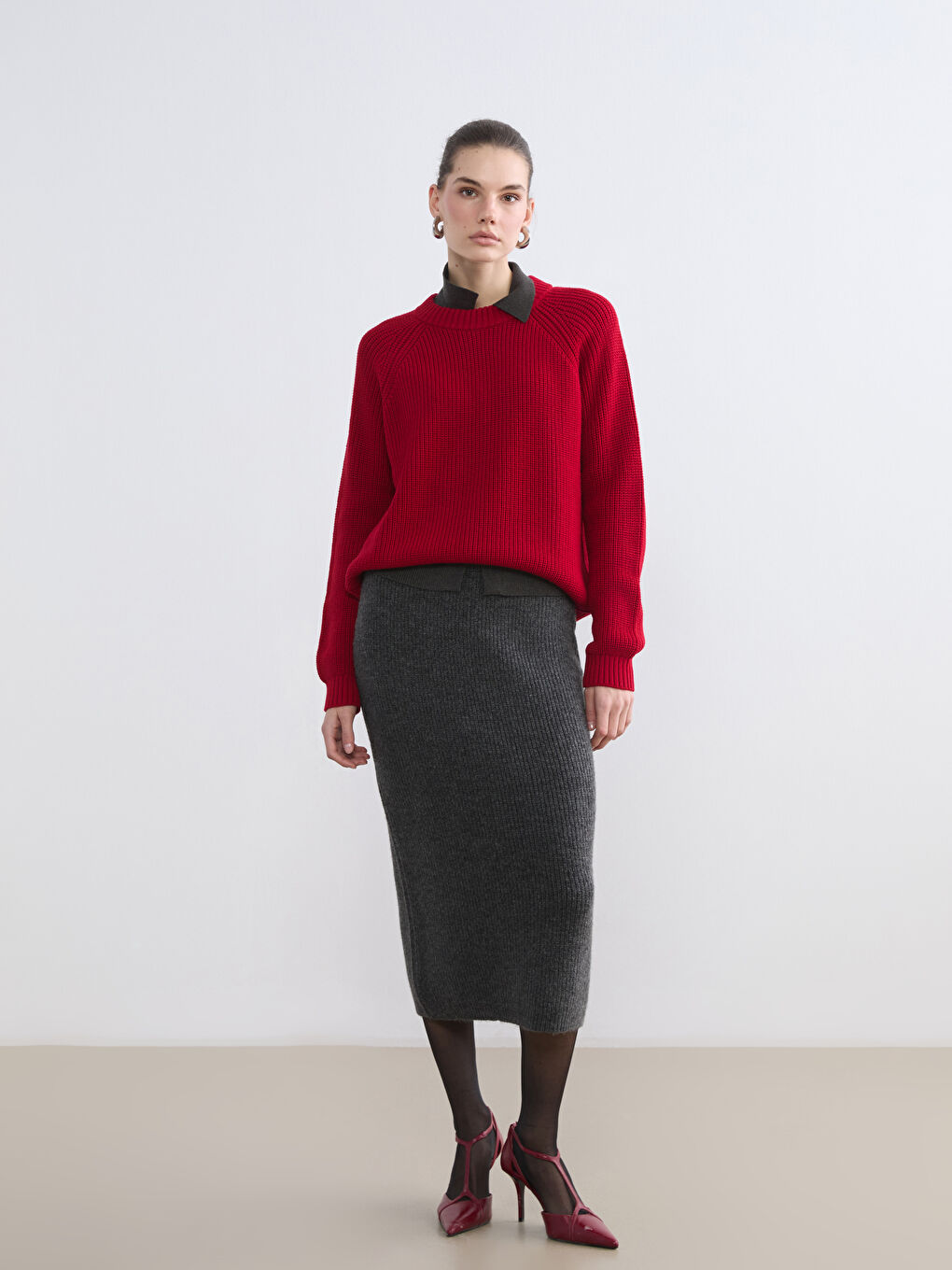 Kırmızı Bisiklet Yaka Kadın Triko Kazak-1