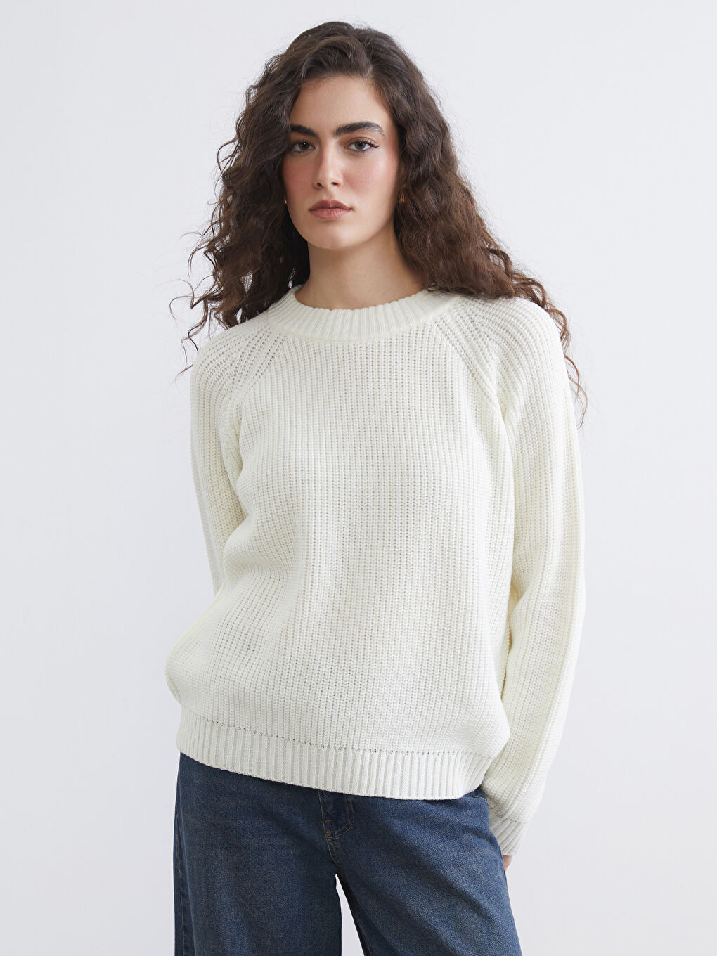 Ekru Bisiklet Yaka Kadın Triko Kazak	