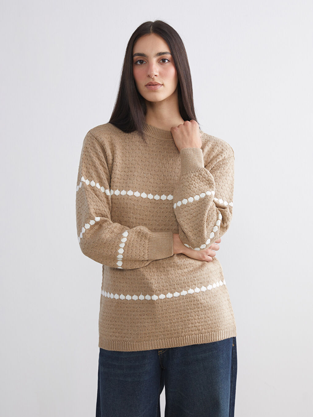 Džemper od trikotaže sa okruglim izrezom i uzorkom za žene