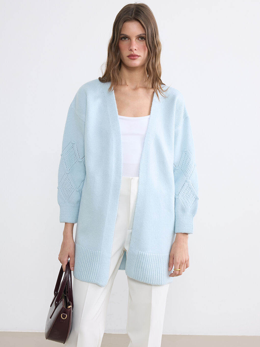 Shawl Collar Hole-Knitted Women's Tricot Cardigan