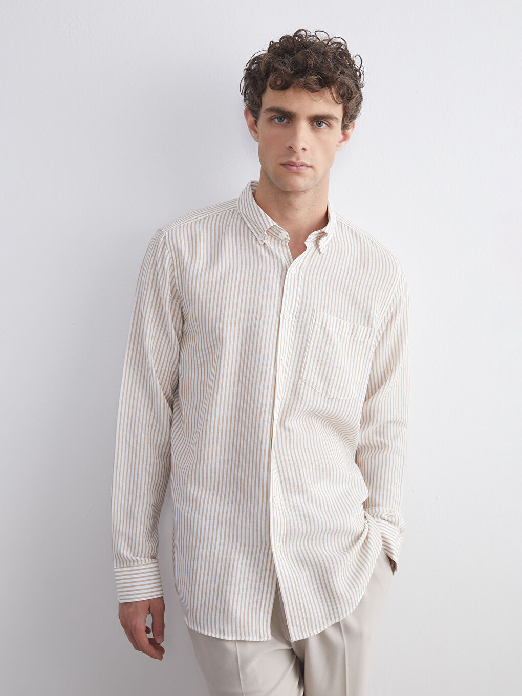 Bej Regular Fit Uzun Kollu Çizgili Erkek Gömlek