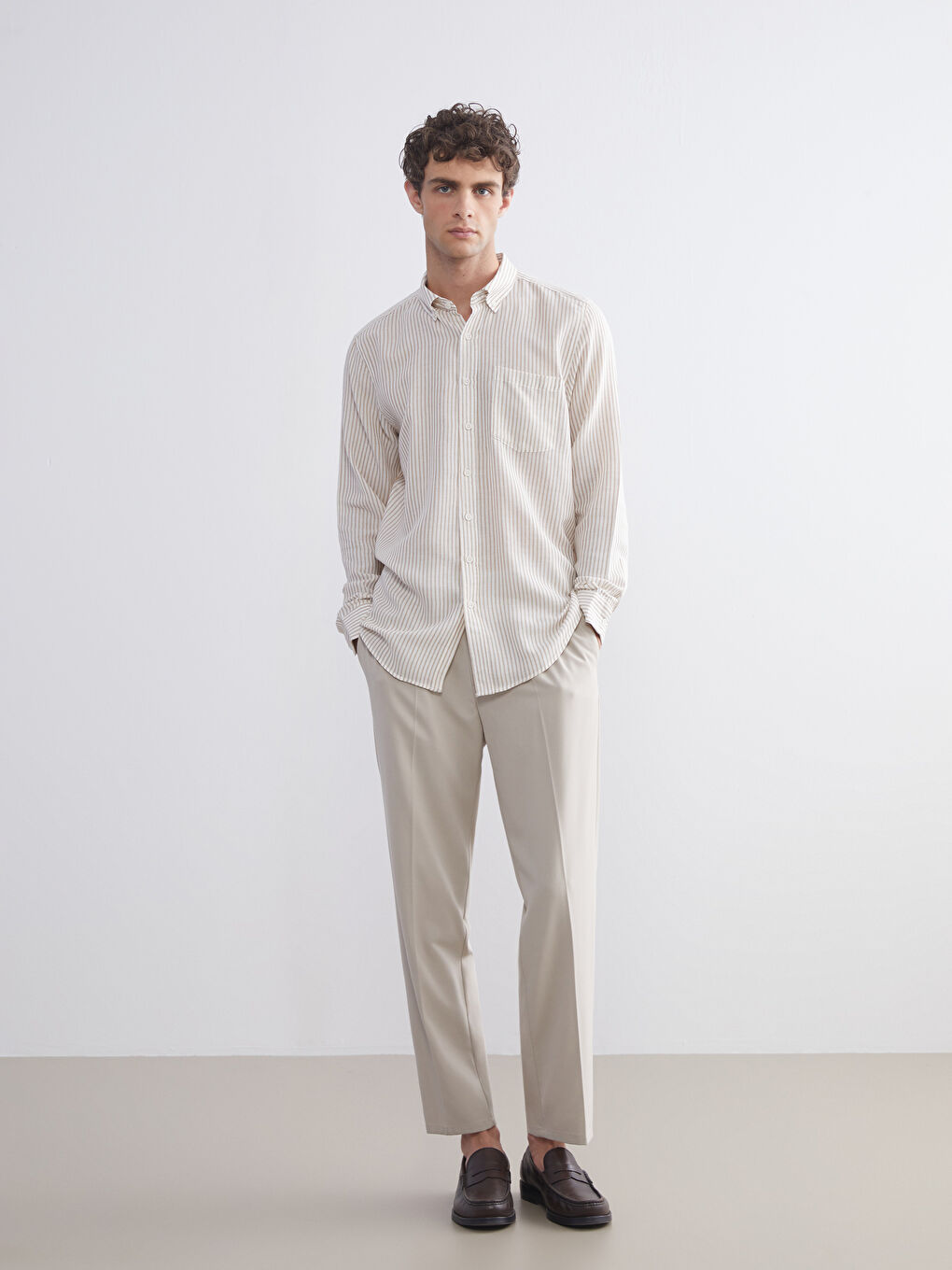 Bej Regular Fit Uzun Kollu Çizgili Erkek Gömlek-1