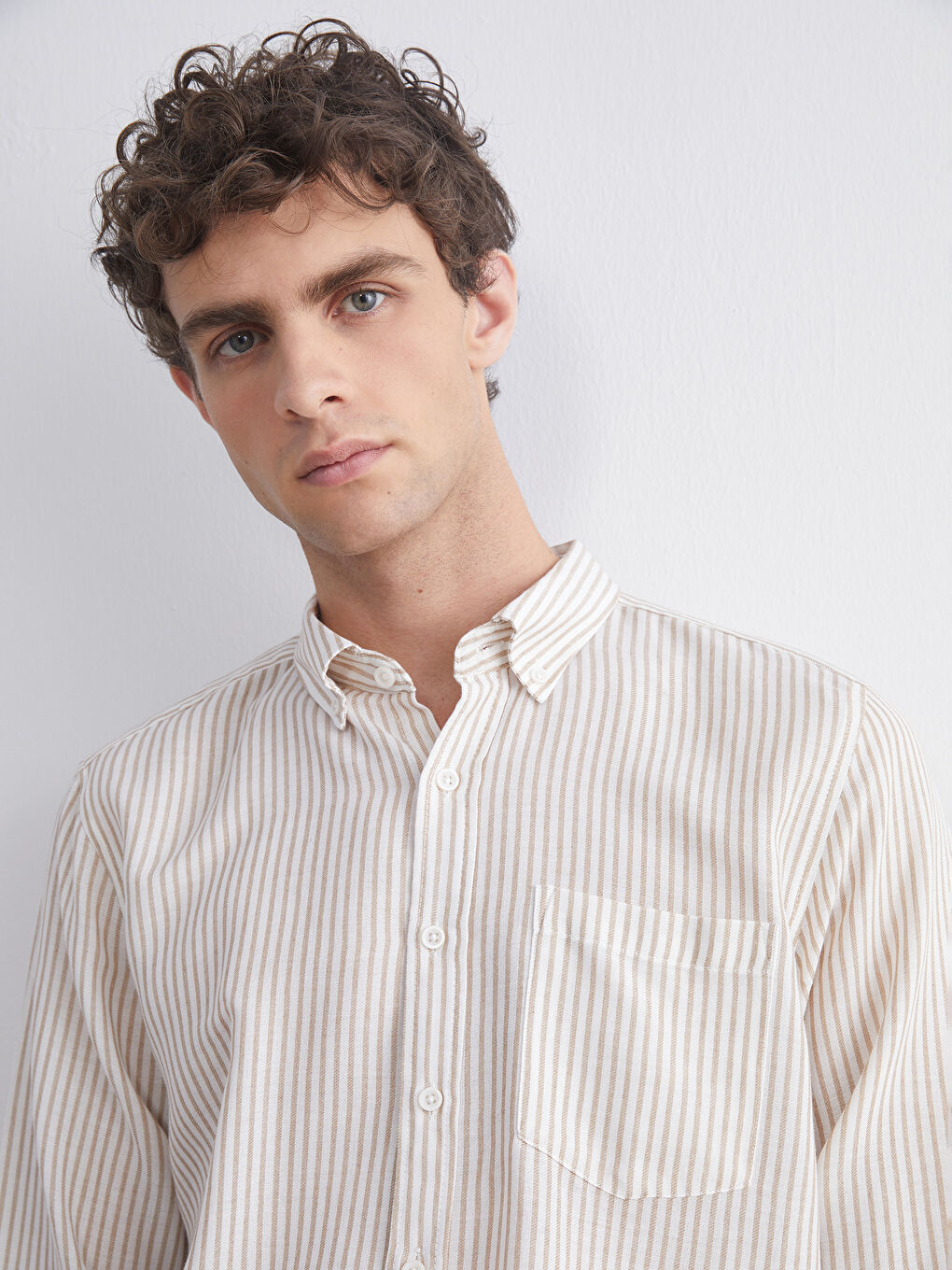 Bej Regular Fit Uzun Kollu Çizgili Erkek Gömlek-2
