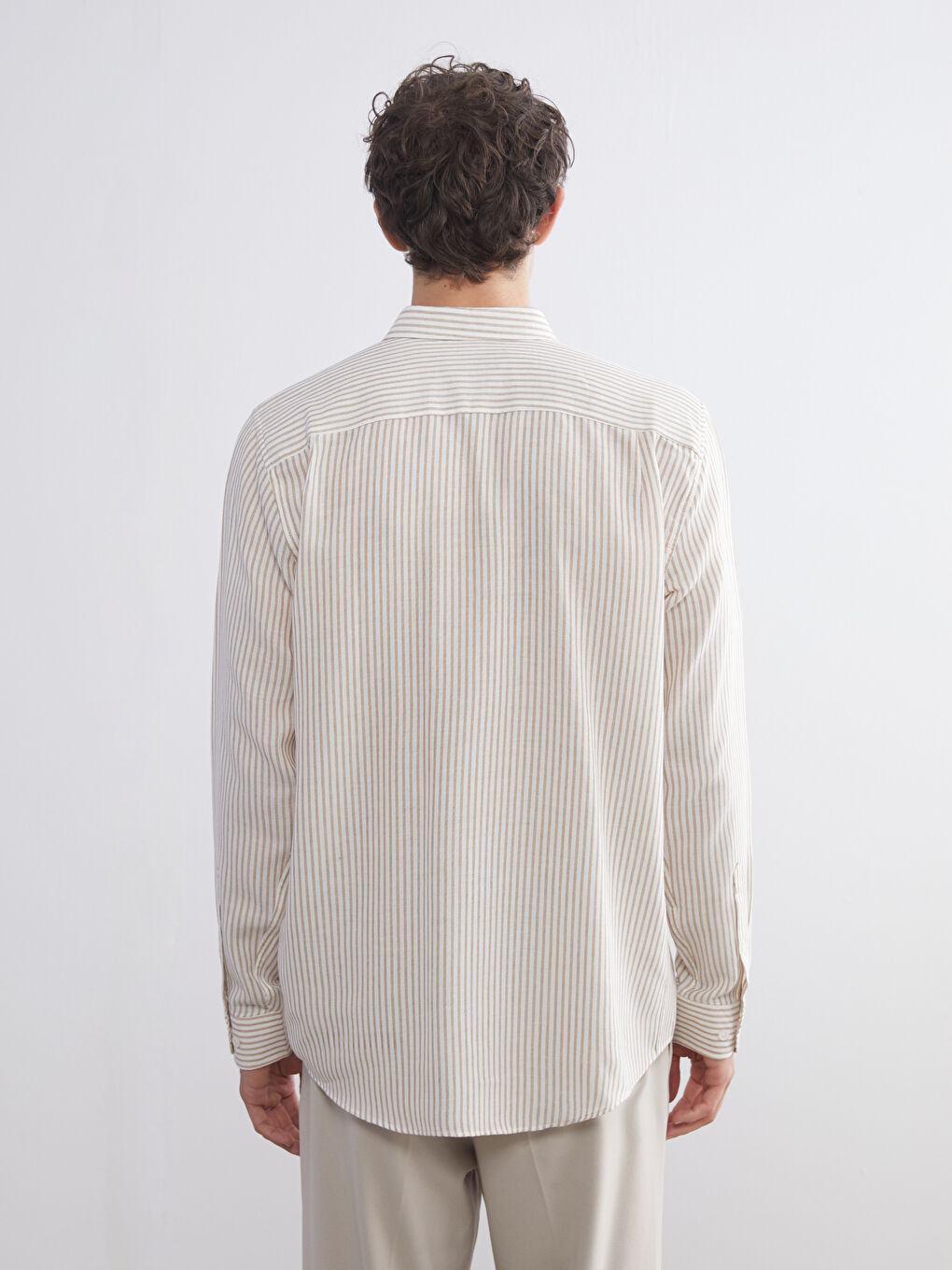 Bej Regular Fit Uzun Kollu Çizgili Erkek Gömlek-3