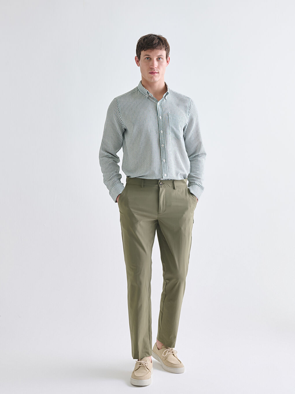 Yeşil Regular Fit Uzun Kollu Çizgili Erkek Gömlek-1