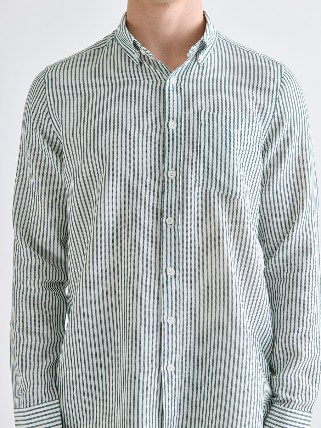 Yeşil Regular Fit Uzun Kollu Çizgili Erkek Gömlek-2