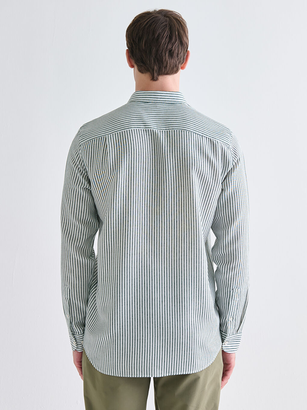 Yeşil Regular Fit Uzun Kollu Çizgili Erkek Gömlek-3