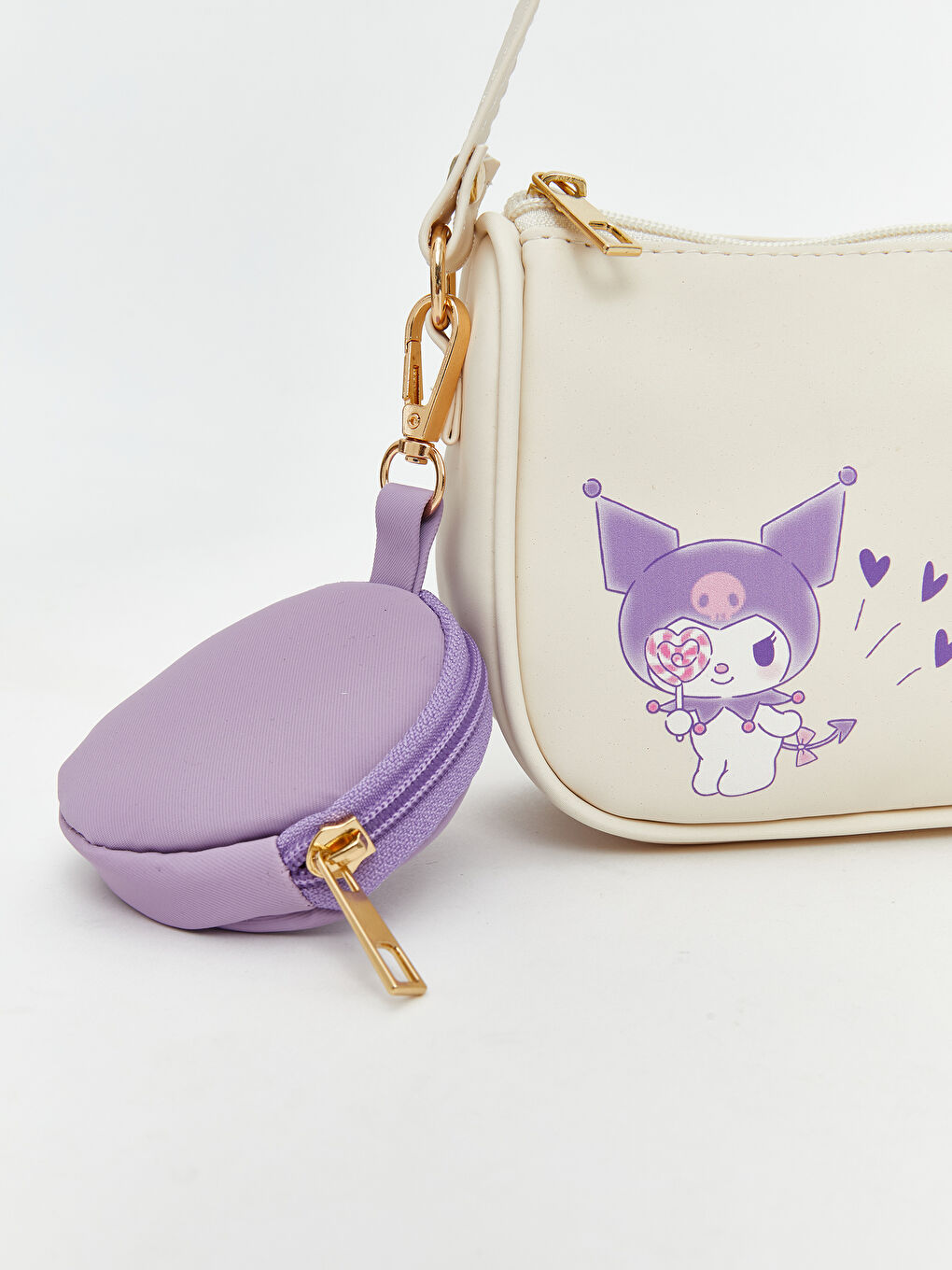 Ekru Kuromi Baskılı Kız Çocuk Omuz Çantası ve Cüzdan-1