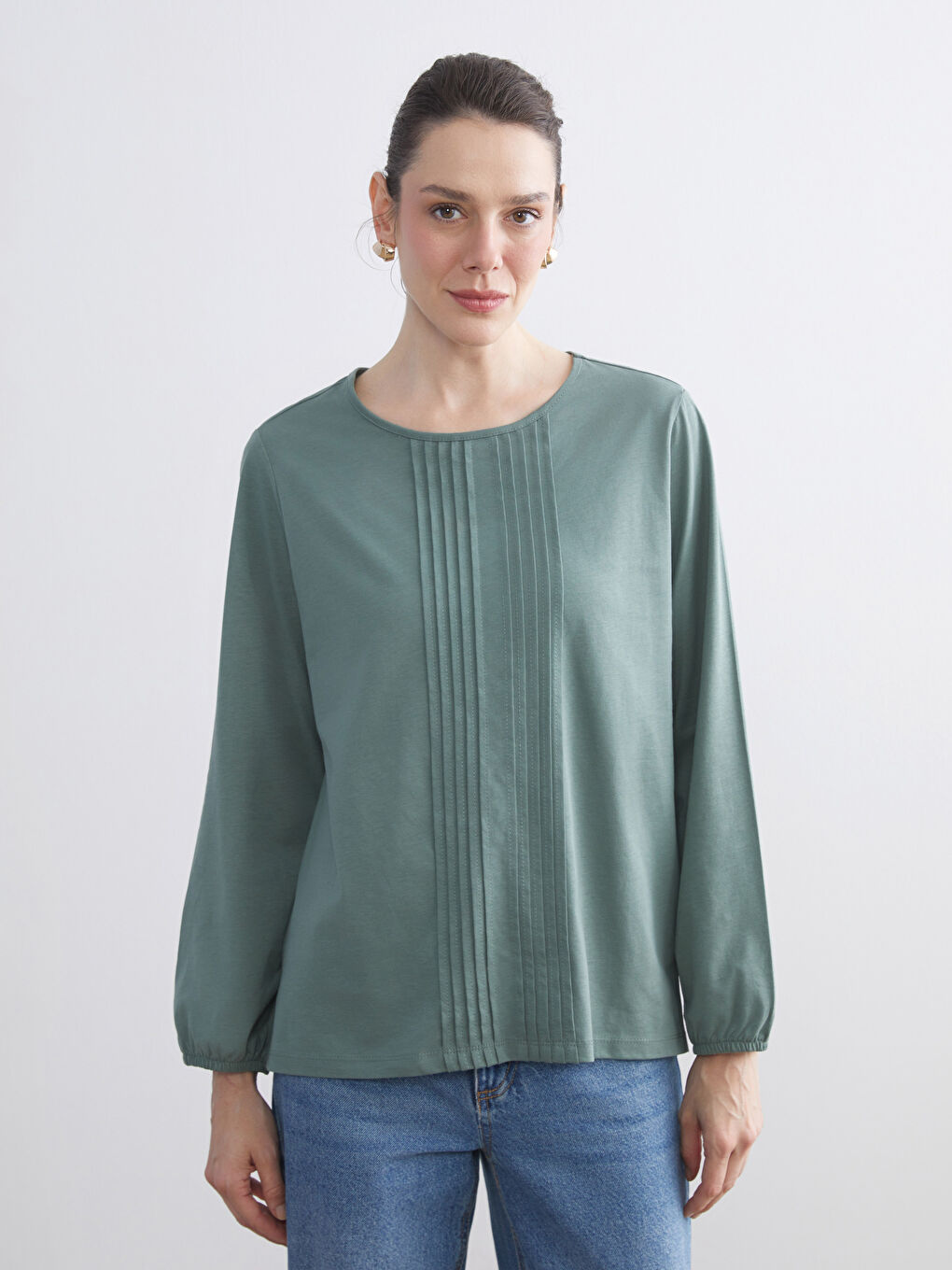 Yeşil Bisiklet Yaka Dekoratif Dikiş Detaylı Bluz