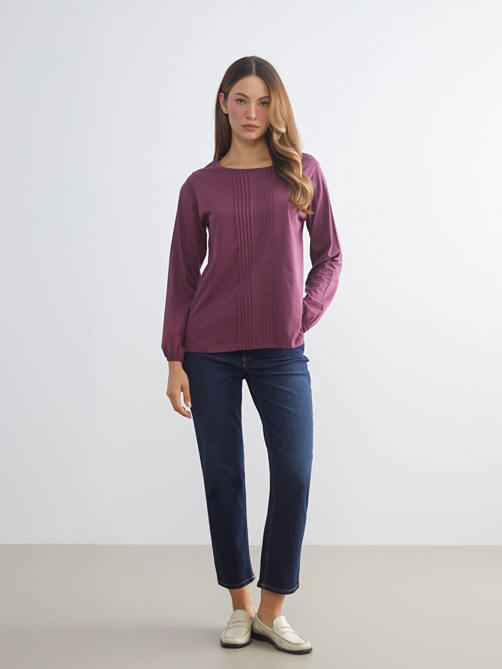 Mürdüm Bisiklet Yaka Dekoratif Dikiş Detaylı Bluz-1