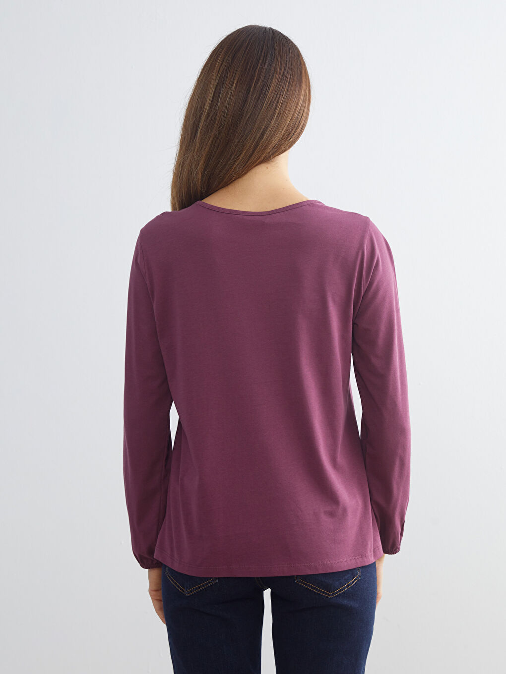 Mürdüm Bisiklet Yaka Dekoratif Dikiş Detaylı Bluz-3