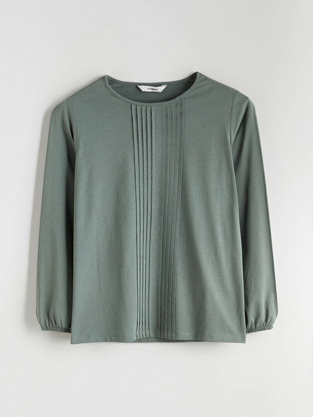 Yeşil Bisiklet Yaka Dekoratif Dikiş Detaylı Bluz-4