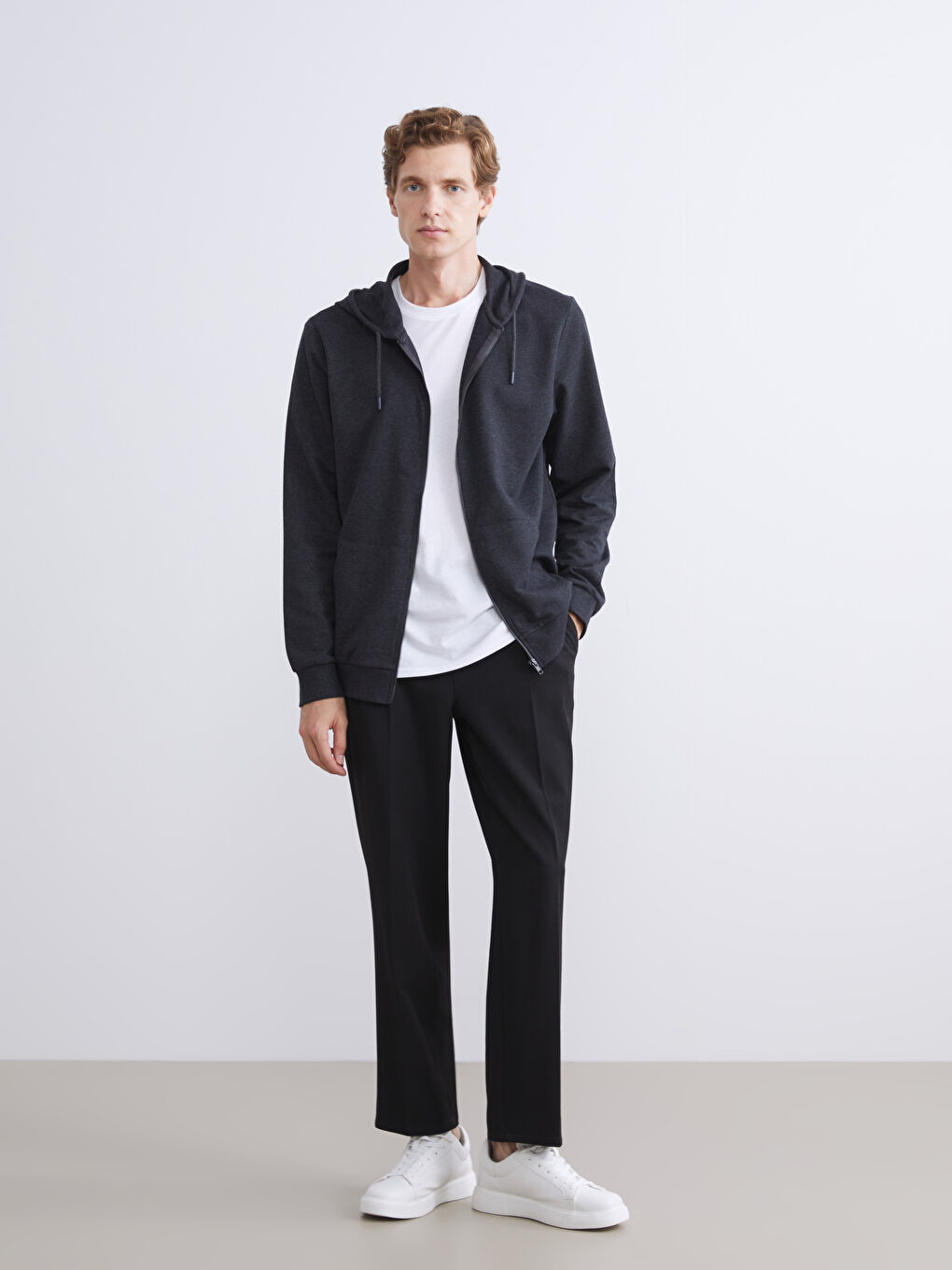 Antrasit Kapüşonlu Uzun Kollu Erkek Fermuarlı Sweatshirt-1
