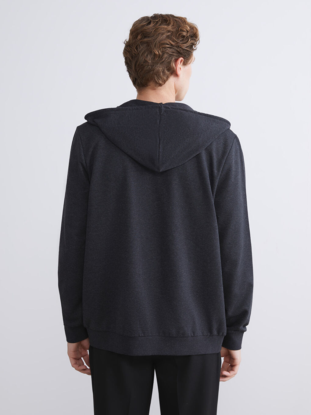 Antrasit Kapüşonlu Uzun Kollu Erkek Fermuarlı Sweatshirt-3