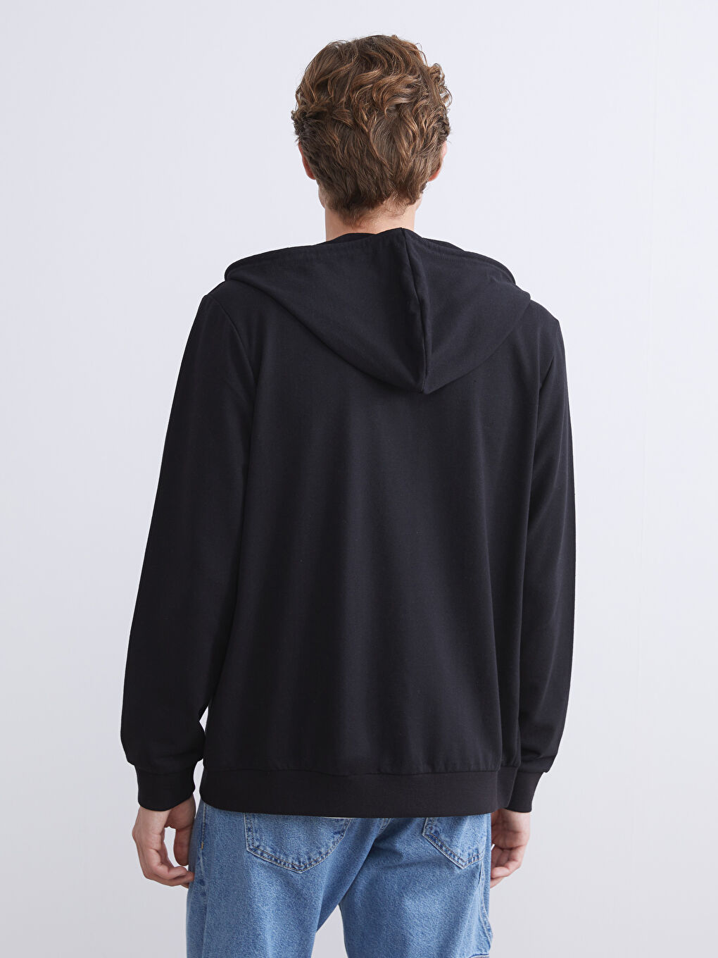 Siyah Kapüşonlu Uzun Kollu Erkek Fermuarlı Sweatshirt-3