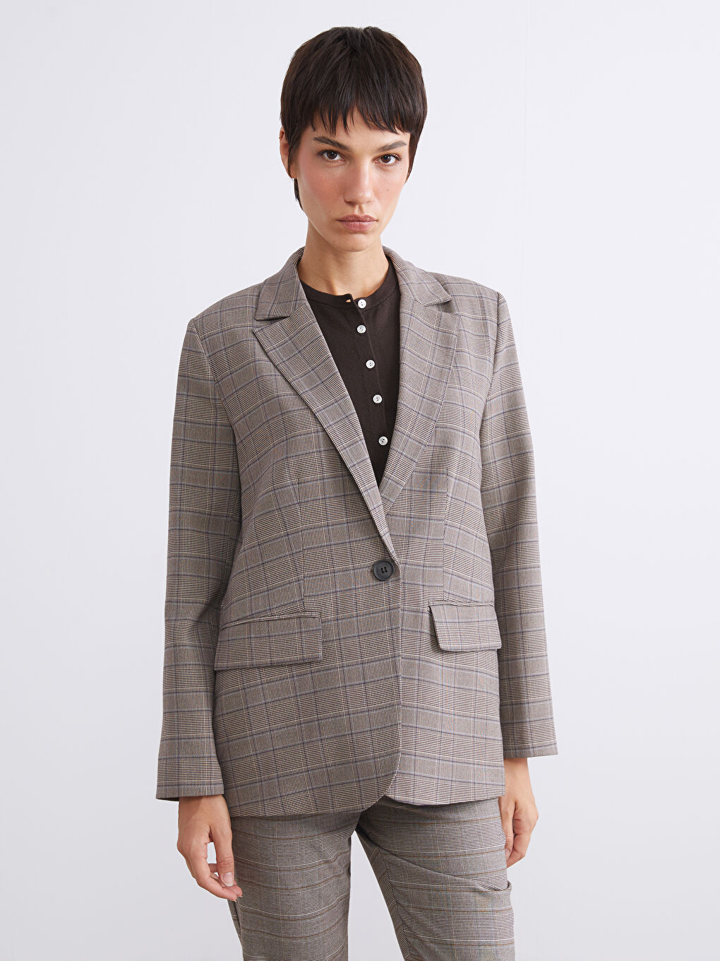 Bej Ekose Kadın Blazer Ceket