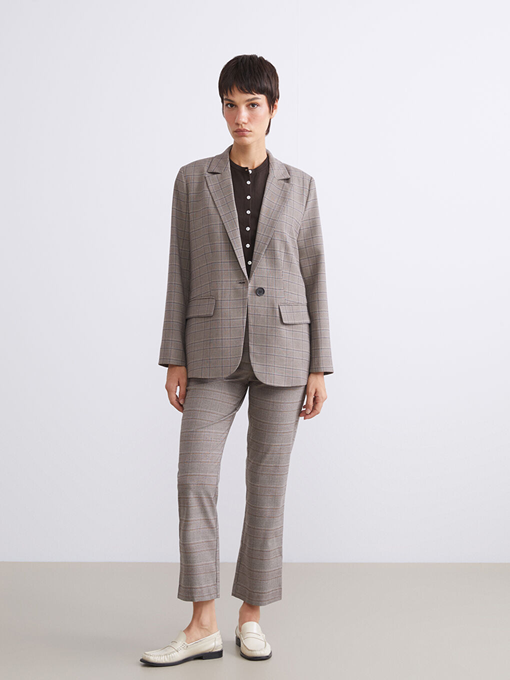 Bej Ekose Kadın Blazer Ceket-1