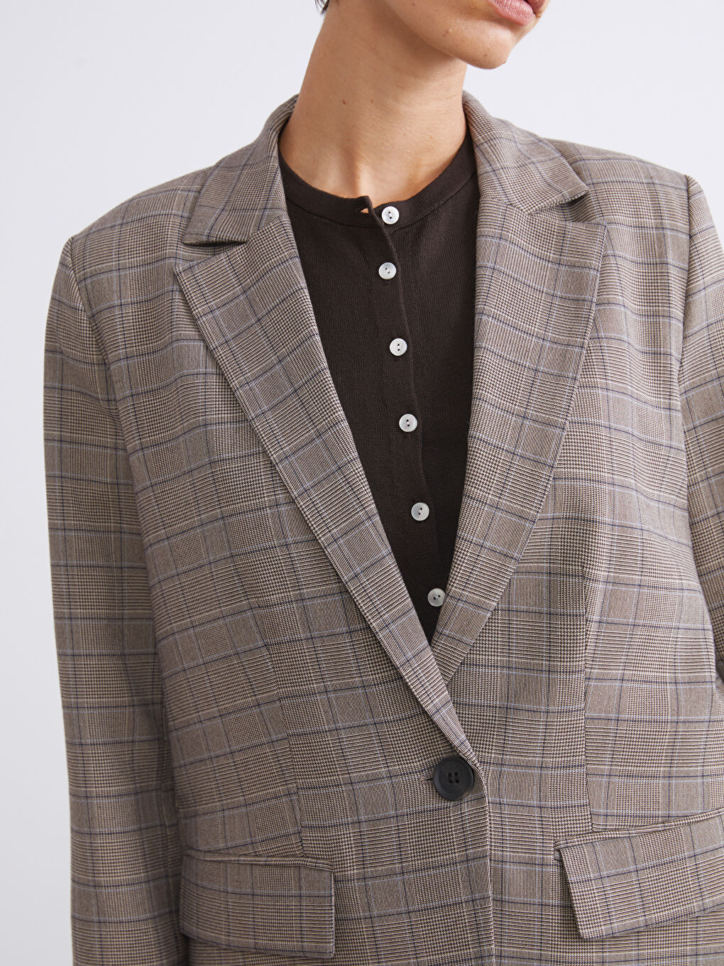 Bej Ekose Kadın Blazer Ceket-3