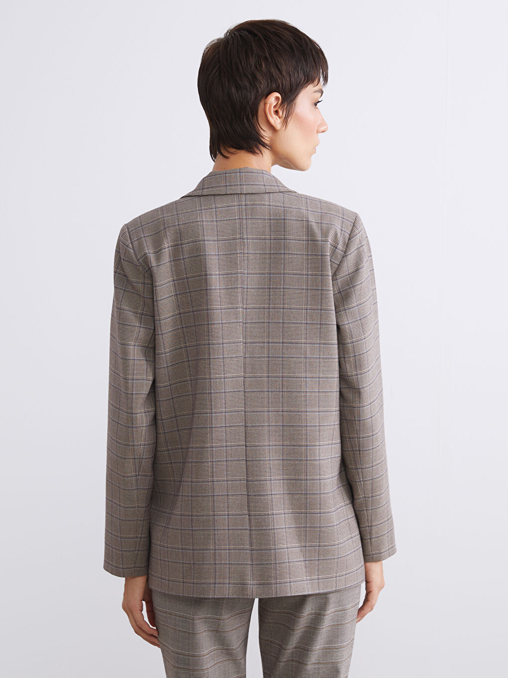 Bej Ekose Kadın Blazer Ceket-4