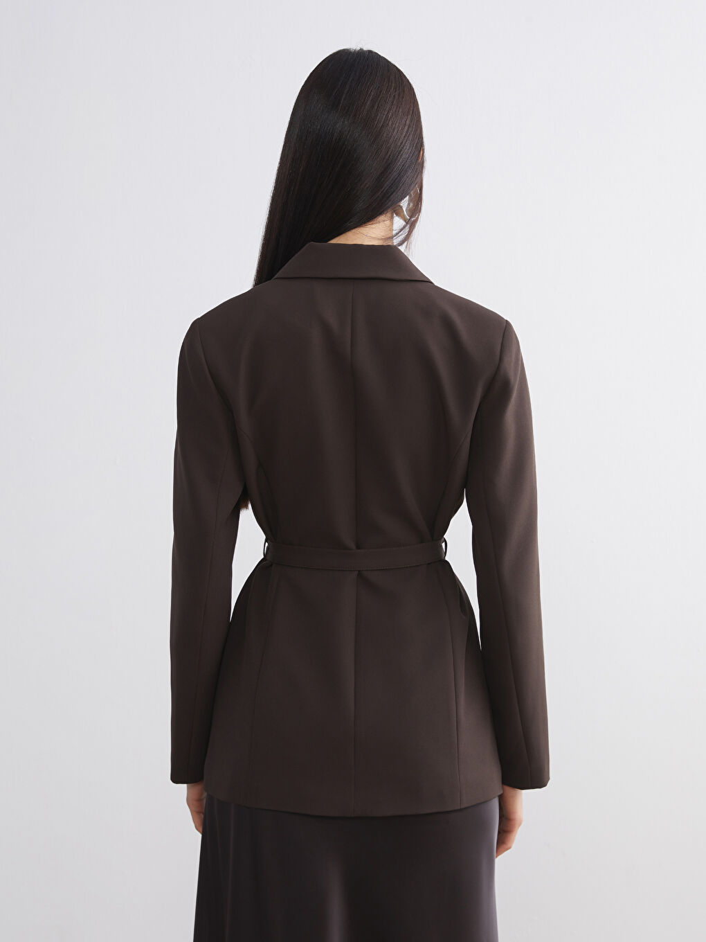 Kahverengi Beli Kemerli Kadın Blazer Ceket-3