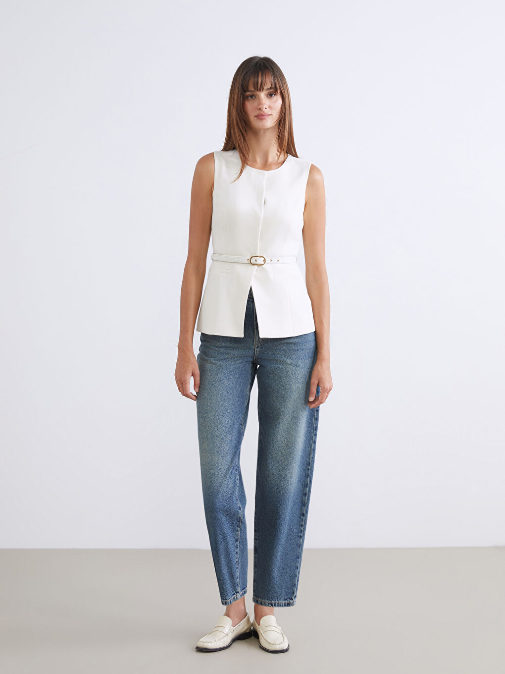 Ekru Bisiklet Yaka Beli Kemerli Kadın Klasik Yelek-1