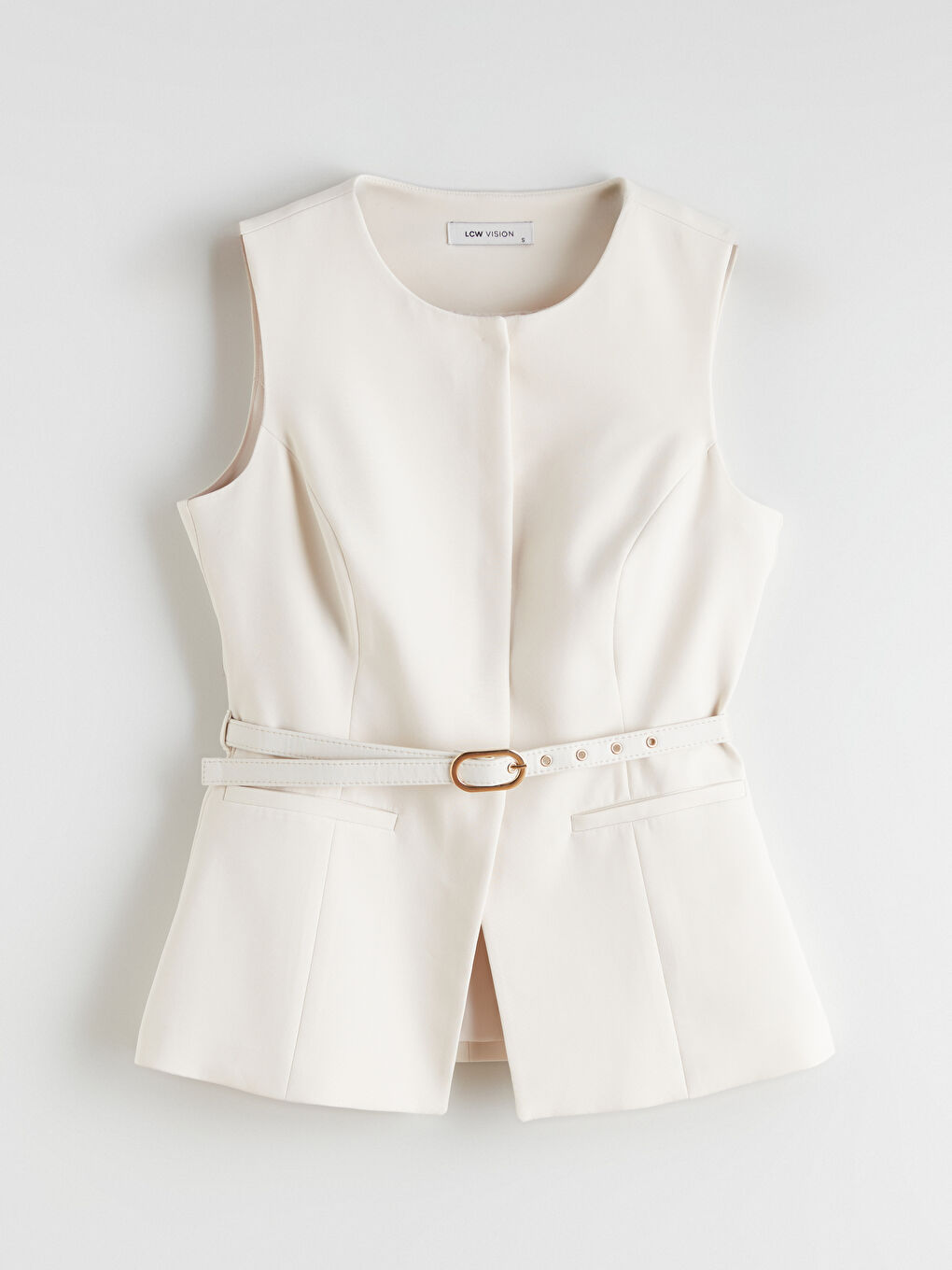 Ekru Bisiklet Yaka Beli Kemerli Kadın Klasik Yelek-4