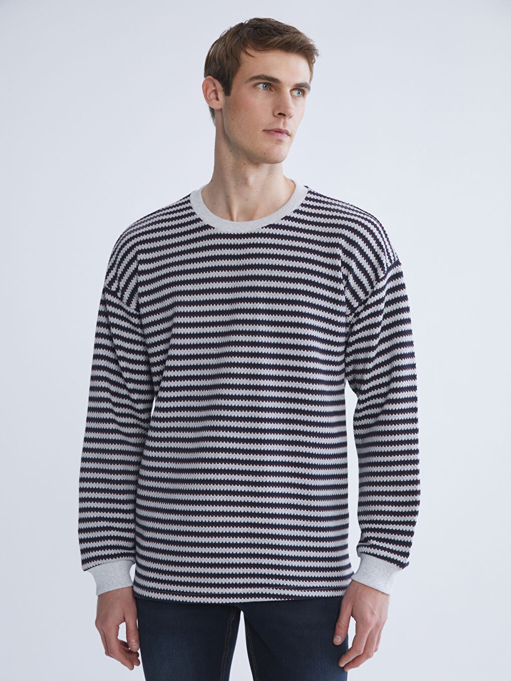 Lacivert Bisiklet Yaka Çizgili Erkek Triko Kazak