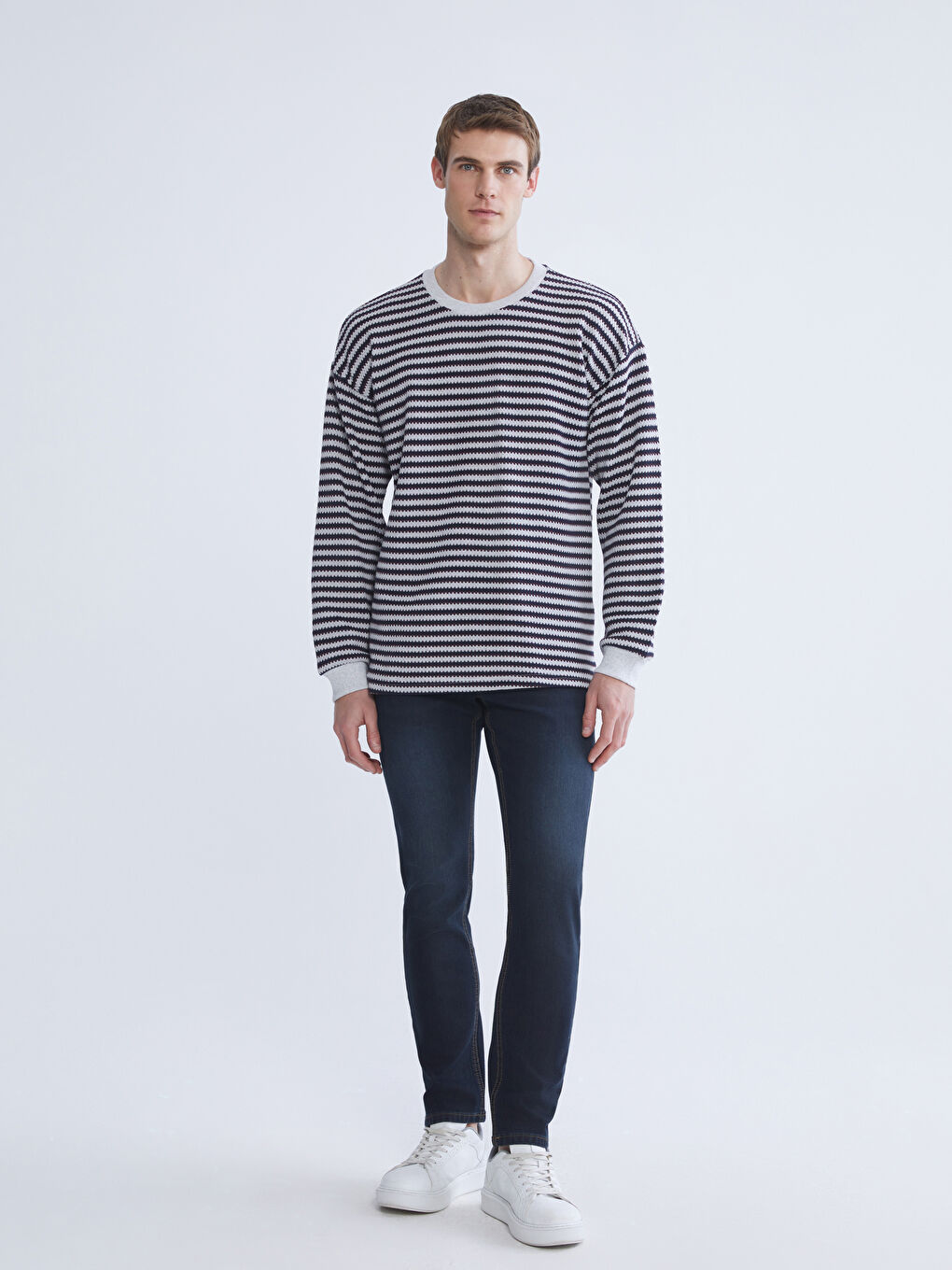 Lacivert Bisiklet Yaka Çizgili Erkek Triko Kazak-1