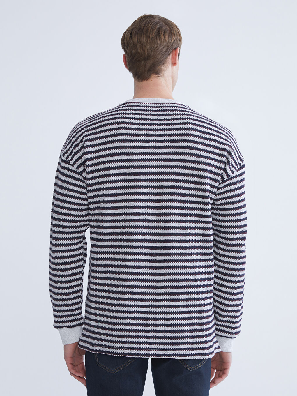 Lacivert Bisiklet Yaka Çizgili Erkek Triko Kazak-3