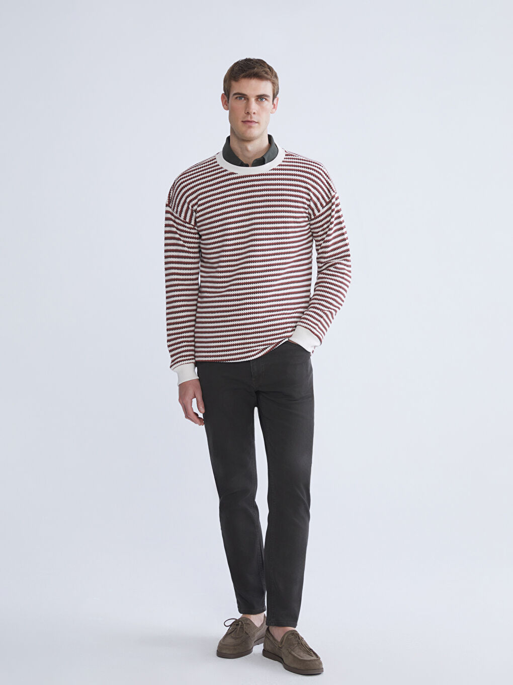 Petrol Bisiklet Yaka Çizgili Erkek Triko Kazak-1