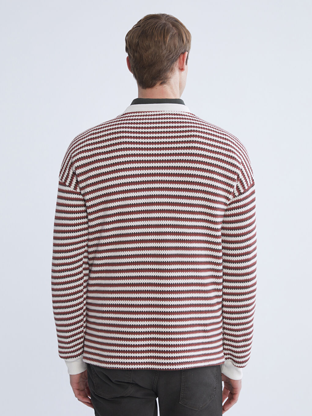 Petrol Bisiklet Yaka Çizgili Erkek Triko Kazak-3