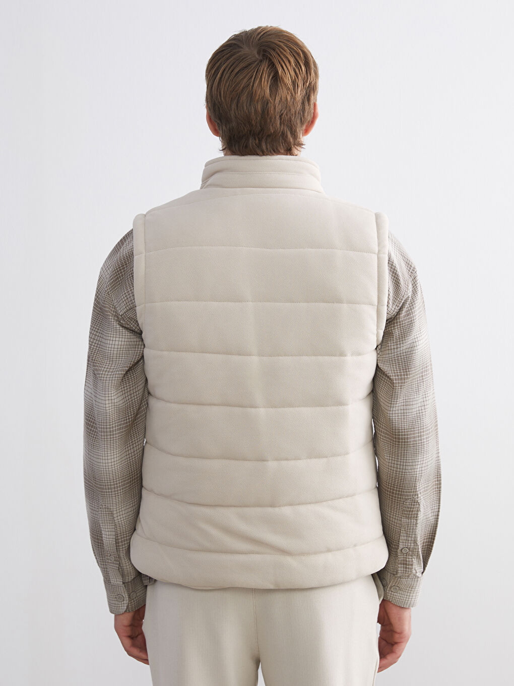 Bej Slim Fit Dik Yaka Erkek Şişme Yelek-4